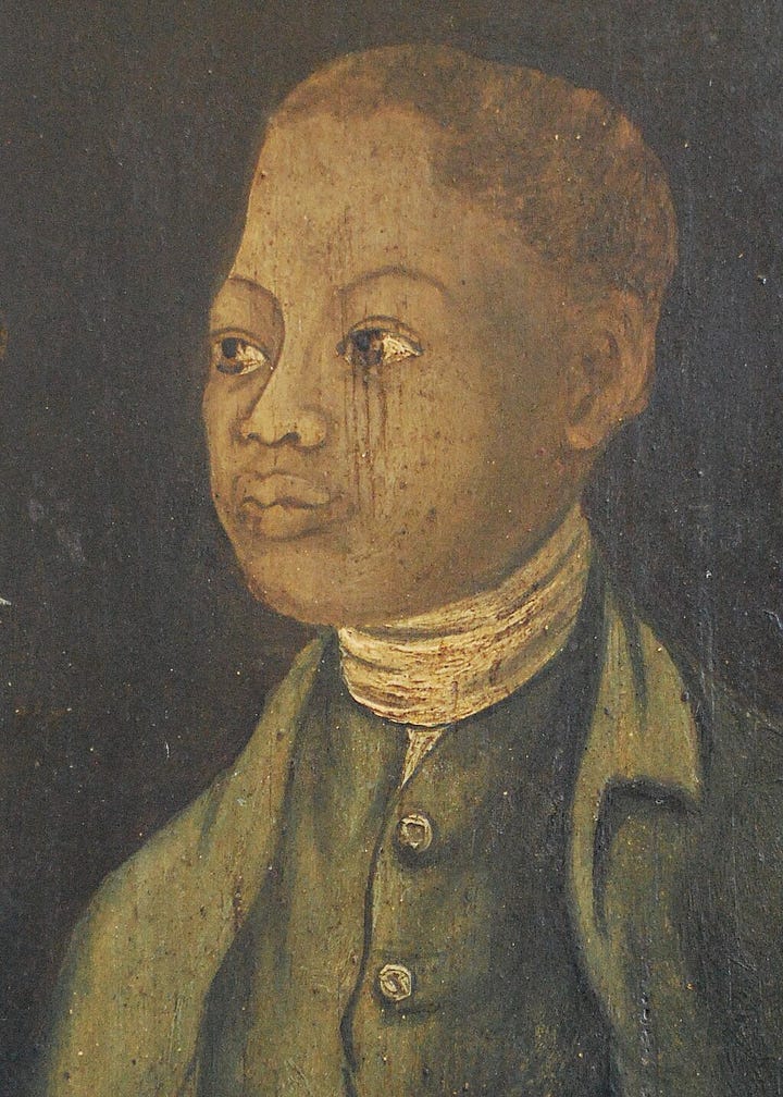 “Portrait of black Welsh gardener John Ystumllyn (d. 1786), dated to 11 May 1754.  Unidentified artisan artist" Photo left from Wikipedia. Rosa ‘John Ystumllyn’ Photo right by Advolly Richmond