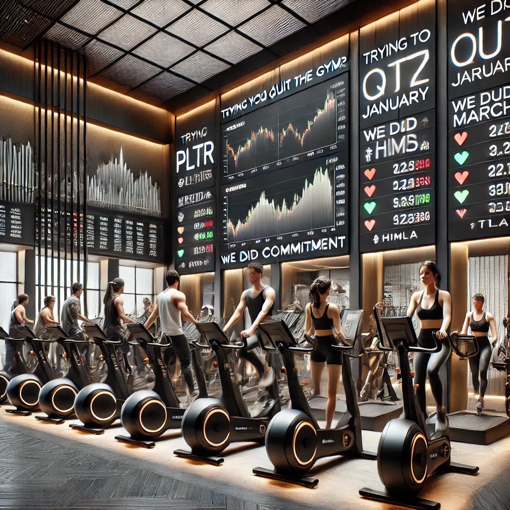 An upscale, modern gym inspired by Equinox's luxurious style, with a sophisticated ambiance, high ceilings, minimalist decor, and dark tones. The gym features Peloton-style treadmills and stationary bikes, each with a digital display showing live stock charts of $PLTR, $NVDA, $HOOD, $HIMS, and $TSLA. Characters are depicted in two states: some energetically using the machines, motivated by initial stock surge, others appear discouraged, stepping off or sitting beside the equipment. A special SWE (Stock Workout Exchange) Zone is visible, and a humorous poster reads, 'Trying to quit the gym? Trade your way to commitment! We did January! Buy March?'