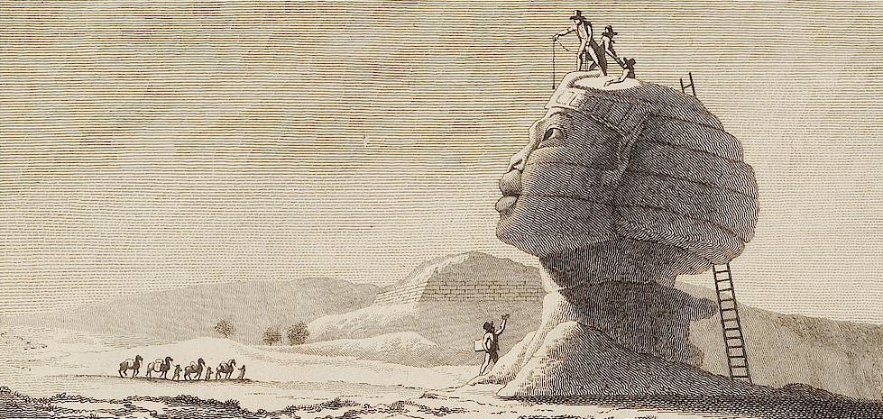 Sphinx head seen in profile, no nose, men measuring it from a ladder