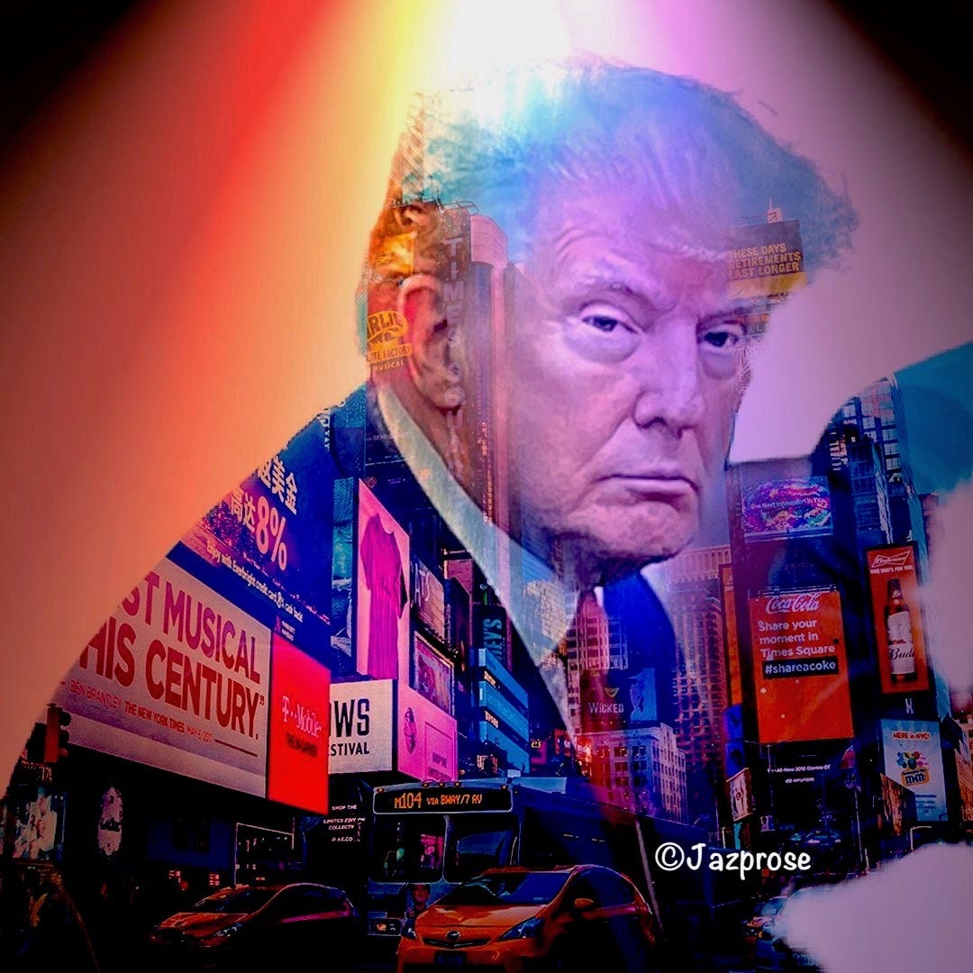 Screenshot of Trump at arraignment with Times Square overlay added by author
