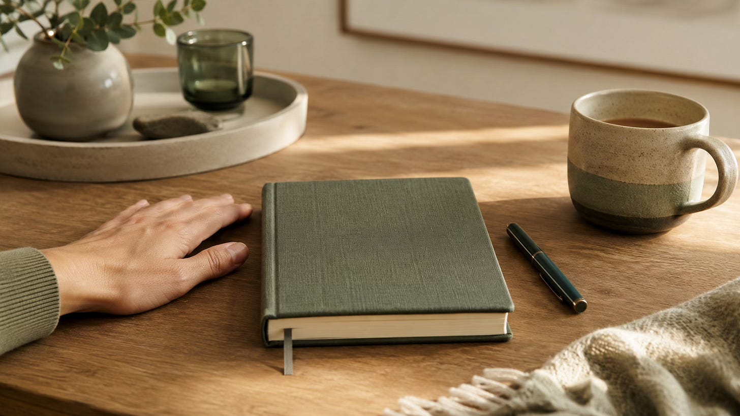 A calm table scene with a journal, pen, blanket, and tea, symbolizing integration, steadiness, and nervous-system support.