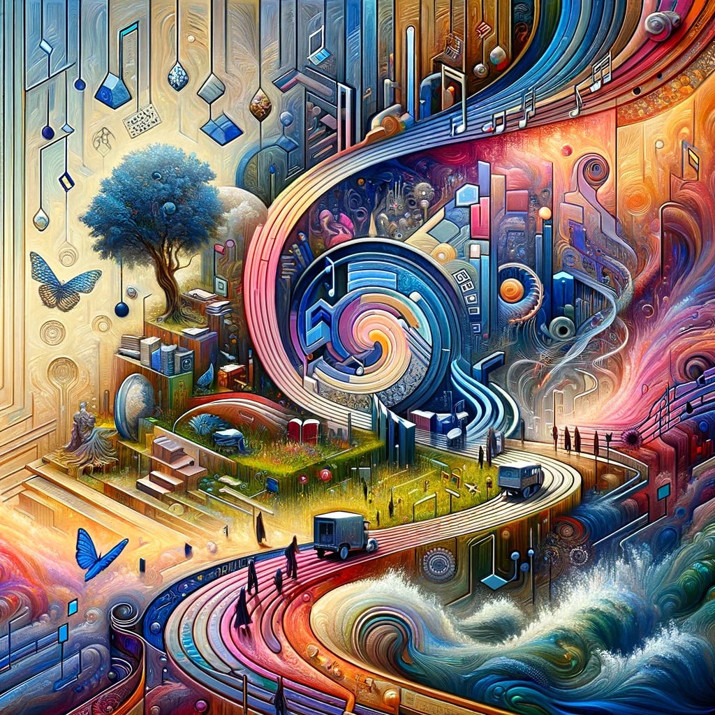 Create an abstract image inspired by the cognitive and existential growth described in the article about Marianne and the Bishop's conversation in *Interlude 3: Snow* from *Here We Are*. The image should include elements representing a journey, such as roads or paths, and the idea of collecting and integrating new experiences, like souvenirs or treasures. Incorporate symbolic representations of the Zone of Proximal Development (ZPD) and the concepts of assimilation and accommodation. Use vibrant colors and dynamic forms to capture the metamodern oscillation and the transformative nature of these experiences. Include subtle references to musical and literary insights, as mentioned in the context of the Bishop and Marianne's exchange. The overall composition should convey a sense of continuous growth, integration, and the quest for meaning. Create an abstract image inspired by the cognitive and existential growth described in the article about Marianne and the Bishop's conversation in *Interlude 3: Snow* from *Here We Are*. The image should include elements representing a journey, such as roads or paths, and the idea of collecting and integrating new experiences, like souvenirs or treasures. Incorporate symbolic representations of the Zone of Proximal Development (ZPD) and the concepts of assimilation and accommodation. Use vibrant colors and dynamic forms to capture the metamodern oscillation and the transformative nature of these experiences. Include subtle references to musical and literary insights, as mentioned in the context of the Bishop and Marianne's exchange. The overall composition should convey a sense of continuous growth, integration, and the quest for meaning.