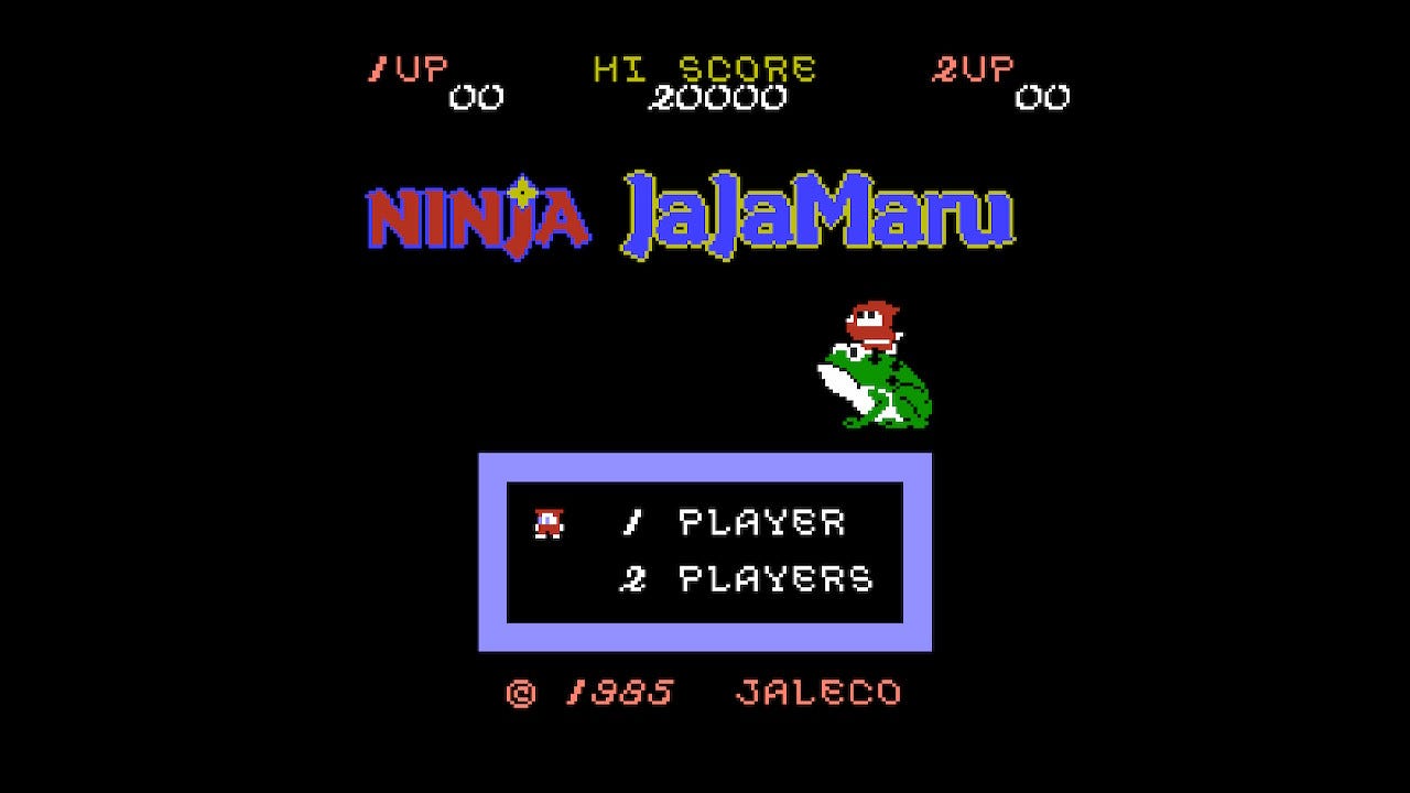 A screenshot of the title screen of Famicom game Ninja JajaMaru-kun. The game's logo is underneath the player score and Hi Score display up top, with the titular JaJaMaru, riding atop his magical frog companion, below that. A screenshot of the title screen of Famicom game Ninja JajaMaru-kun. The game's logo is underneath the player score and Hi Score display up top, with the titular JaJaMaru, riding atop his magical frog companion, below that.