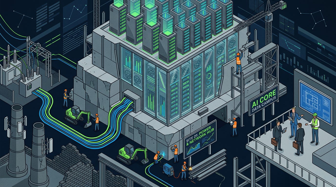 Flat isometric illustration of an enormous AI data center rising from the foundations of a former industrial facility, giant power cables feeding rows of glowing server towers while small construction crews and financiers oversee the build, graphite gray, neon green and electric blue color palette, clean vector art style, dark background, modern tech editorial aesthetic.