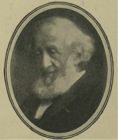 An oval portrait of an older man with a beard, smiling gently.