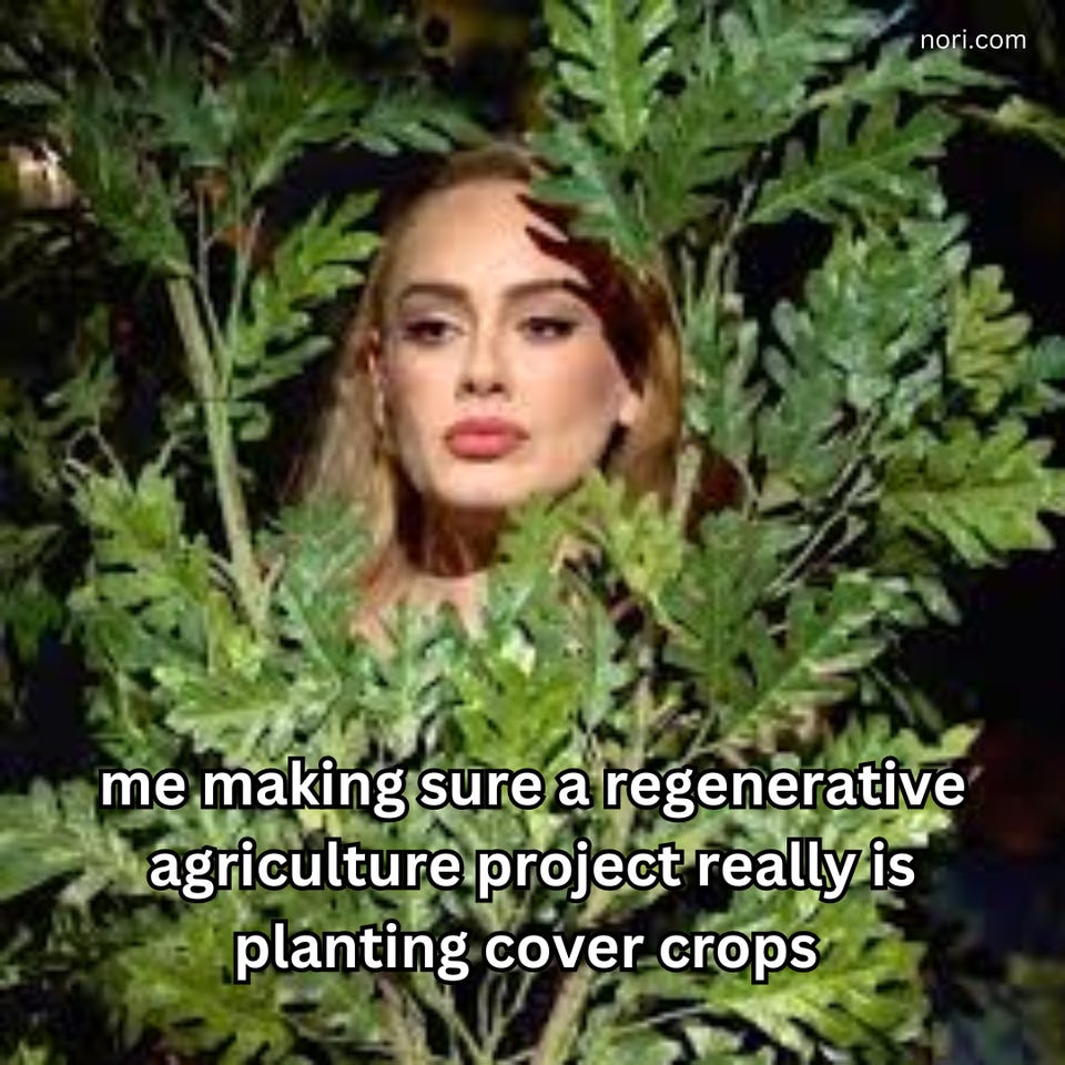 Adele peering out from a leafy bush, captioned "me making sure a regenerative agriculture project really is planting cover crops."