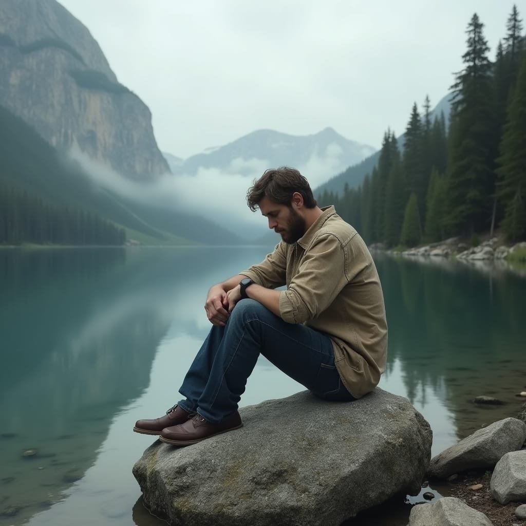 photorealistic, man sitting beside a lake, deep in contemplative thought, sadness,
