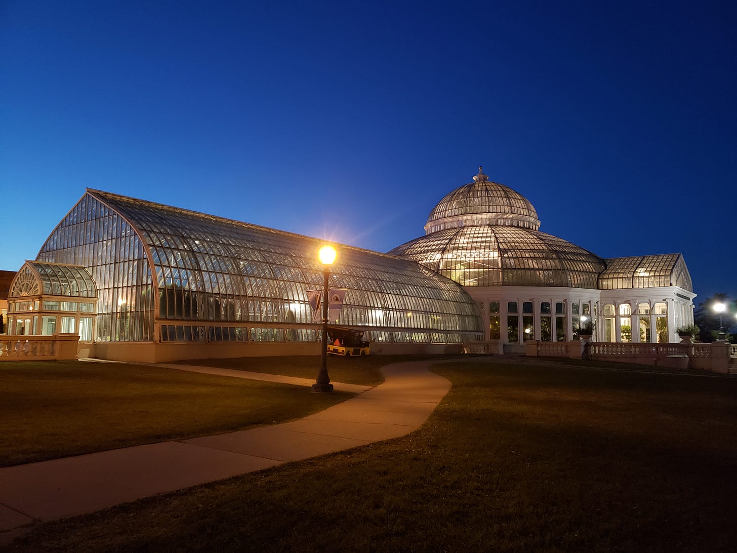 The conservatory at Como at dusk.