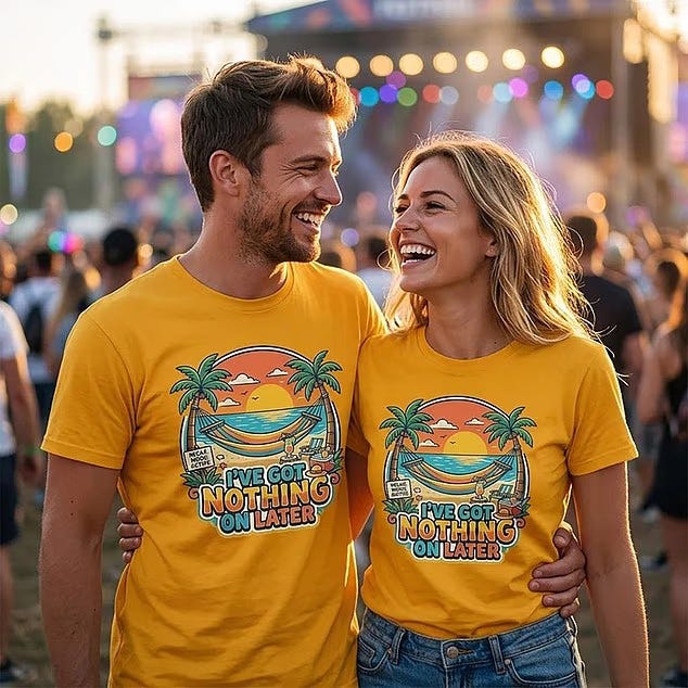 A man and woman wearing matching yellow T-shirts printed with a beach graphic and the text "I've Got Nothing On Later" smile at each other at what appears to be a music festival. The promotional image was generated using AI. A man and woman wearing matching yellow T-shirts printed with a beach graphic and the text "I've Got Nothing On Later" smile at each other at what appears to be a music festival. The promotional image was generated using AI.