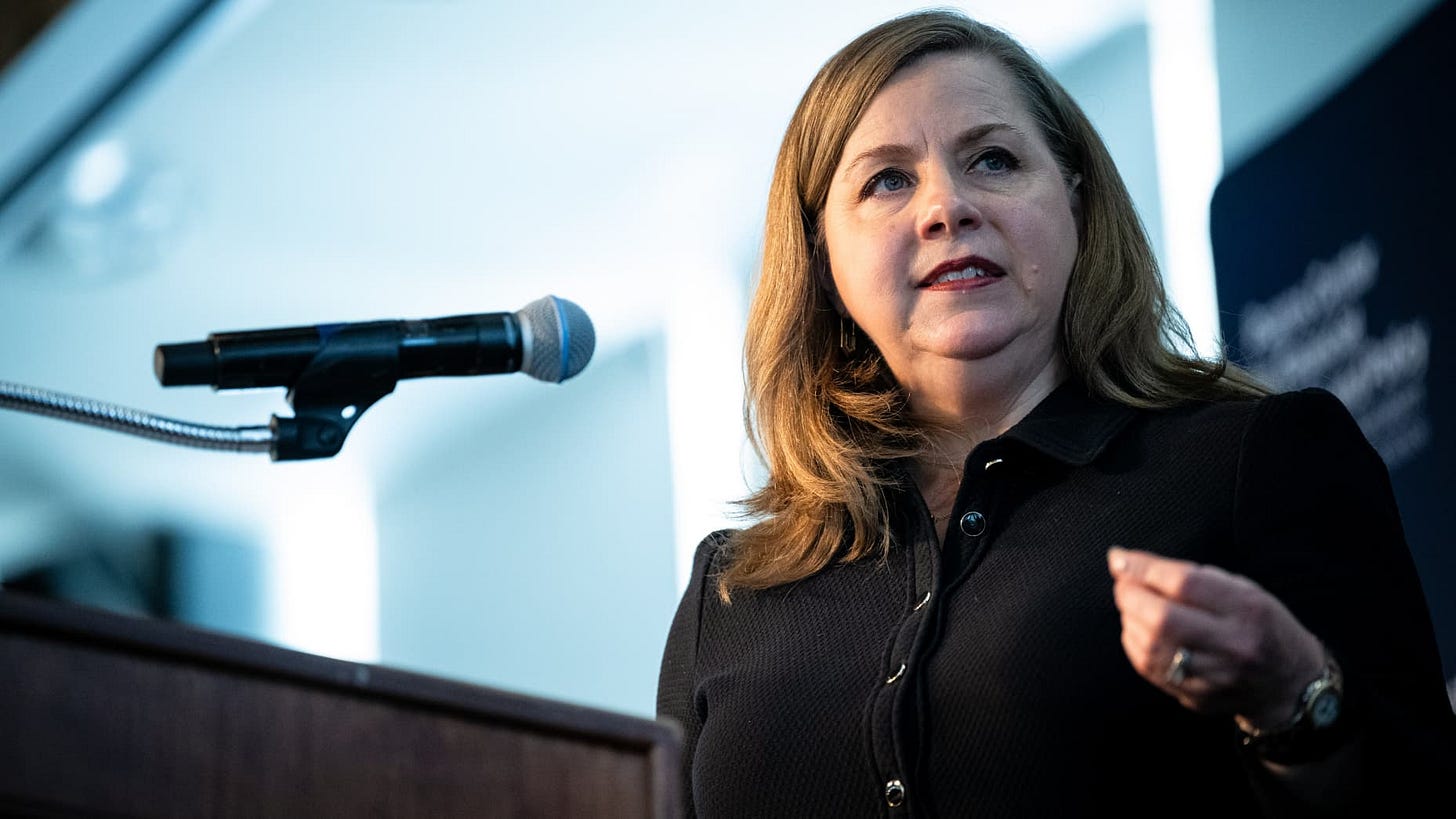 Michelle Bowman, incoming vice chair for supervision at the US Federal Reserve, during a Psaros Center for Financial Markets and Policy event at Georgetown University in Washington, DC, US, on Friday, June 6, 2025. Bowman says the central bank will soon address the "odd mismatch" between the confidential ratings of big banks and the lenders' financial conditions. Photographer: Graeme Sloan/Bloomberg via Getty Images