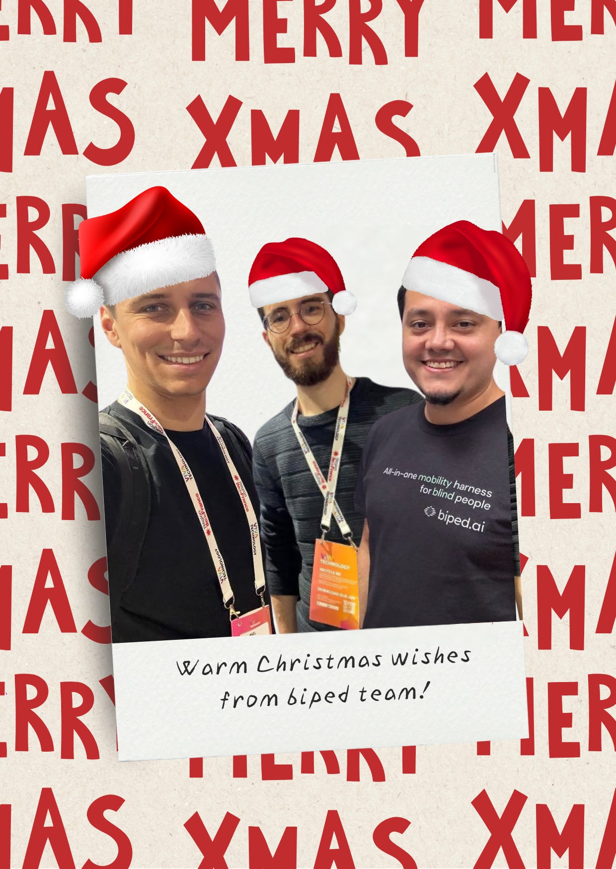 "biped team wearing Christmas hats!