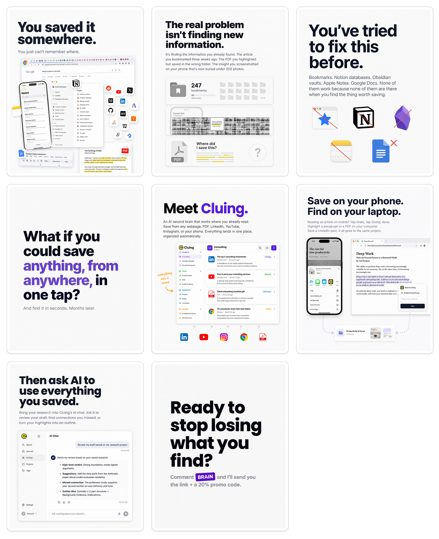 Instagram carousel by AI BLEW MY MIND showing a screenshot-to-carousel AI workflow that transforms app screenshots, notes, webpages, PDFs, and saved content into polished branded social media carousels. The slides explain how creators lose valuable research across bookmarks, notes apps, and screenshots, then introduce a system that organizes saved content and turns it into visually consistent Instagram carousel designs. Created with Amplifiers and the Claude Carousel Skill using uploaded screenshots, UI captures, and branded layouts.
