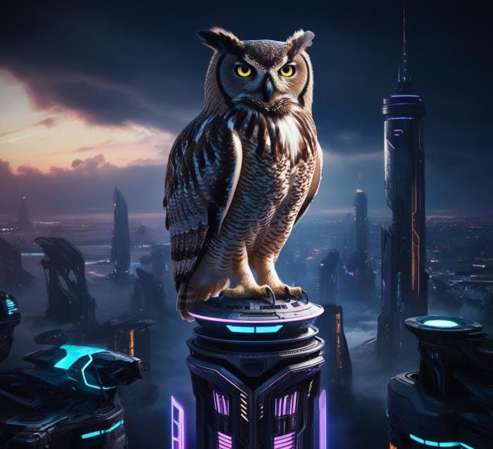 Leonardo.ai A colossal owl perched atop a futuristic skyscraper, overlooking a cyberpunk city at night, epic, cinematic, breathtaking, highly detailed, atmospheric, glowing neon lights, intricate feathers, dramatic, digital matte painting