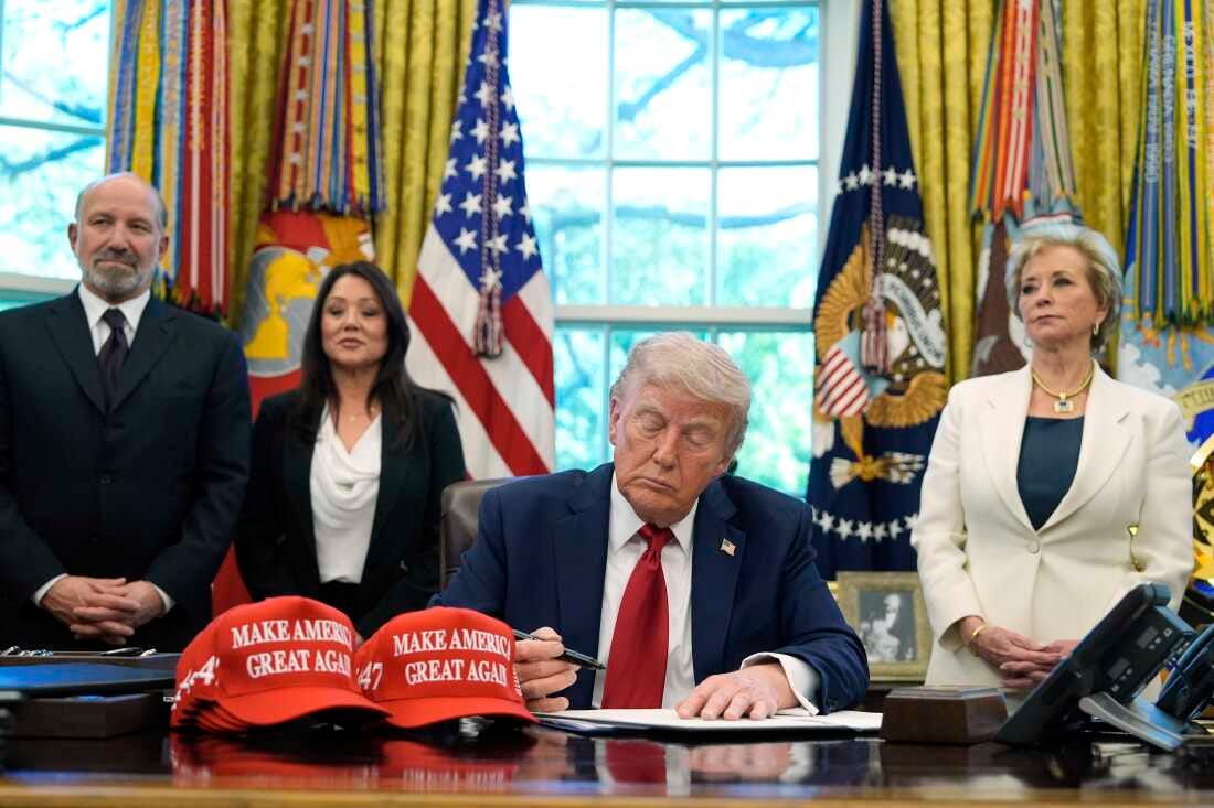 President Donald Trump signs an executive order regarding education in the Oval Office April 23, with Commerce Secretary Howard Lutnick, Labor Secretary Lori Chavez-DeRemer and Education Secretary Linda McMahon President Donald Trump signs an executive order regarding education in the Oval Office April 23, with Commerce Secretary Howard Lutnick, Labor Secretary Lori Chavez-DeRemer and Education Secretary Linda McMahon