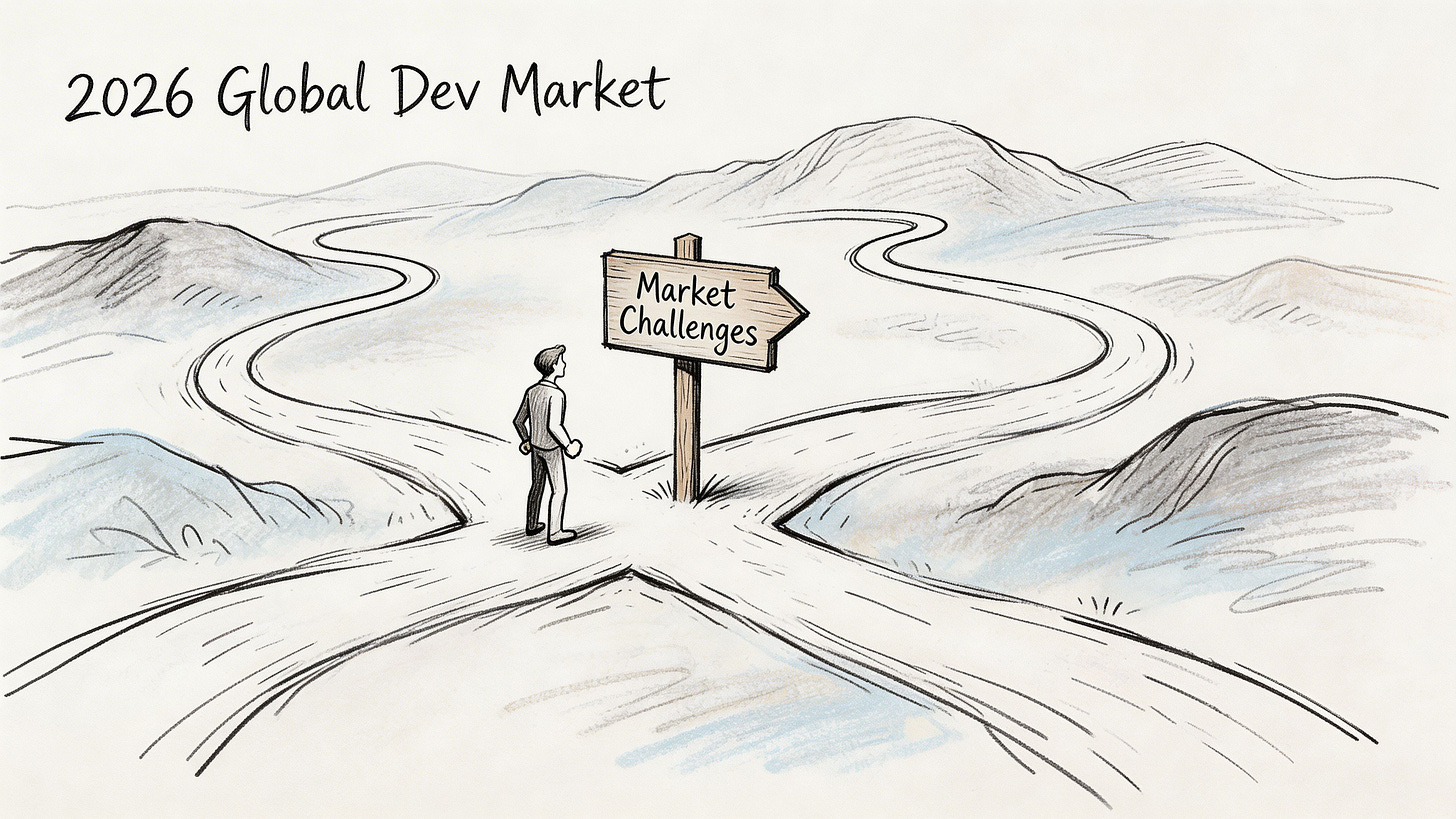 A person standing at a crossroads looking at a sign labeled Market Challenges in a landscape.