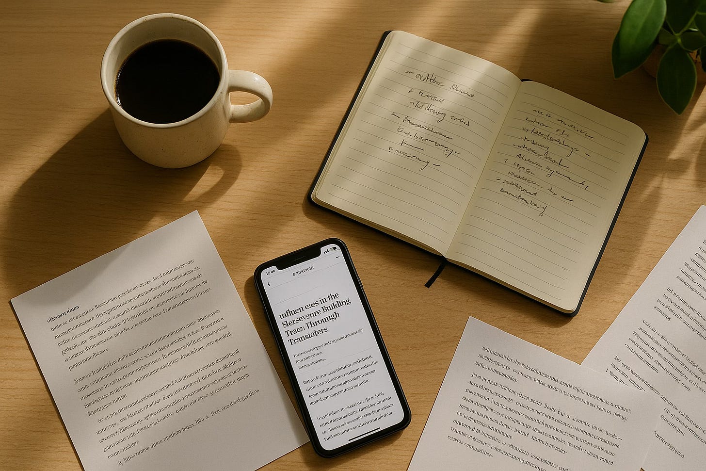 Overhead view of a cozy weekend table scene with a coffee mug, open notebook, and a smartphone displaying a Substack article. Soft sunlight highlights the setting, suggesting a relaxed moment to read and reflect. Overhead view of a cozy weekend table scene with a coffee mug, open notebook, and a smartphone displaying a Substack article. Soft sunlight highlights the setting, suggesting a relaxed moment to read and reflect.