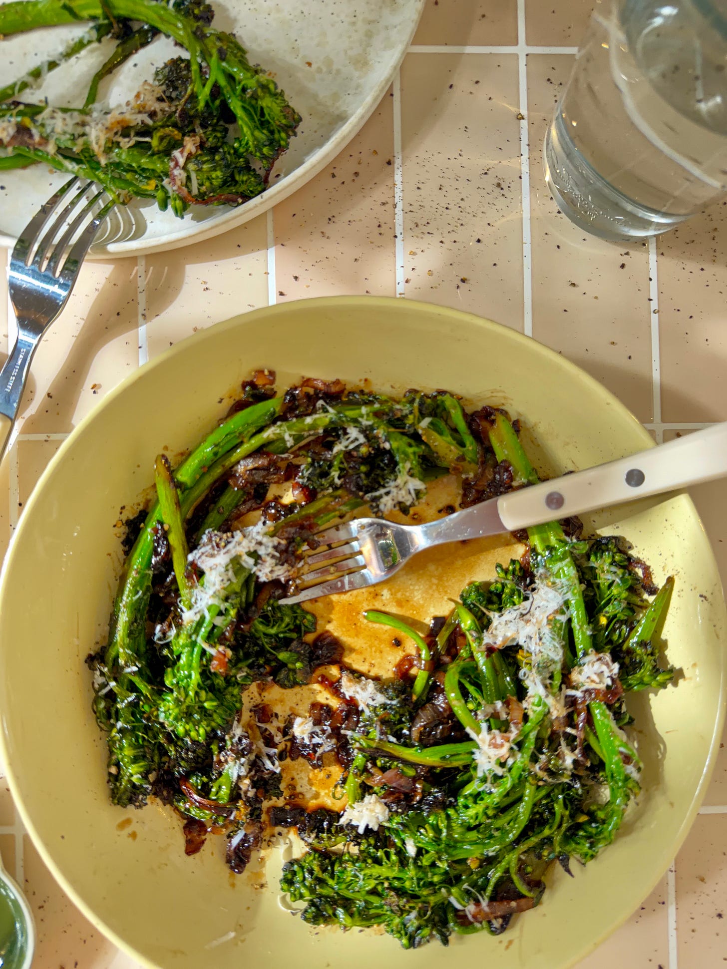 Charred broccolini topped with jammy balsamic shallots and pecorino Charred broccolini topped with jammy balsamic shallots and pecorino