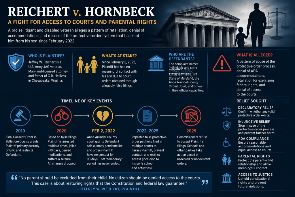 Infographic detailing the legal case Reichert v. Hornbeck, outlining the plaintiff Jeffrey W. Reichert's allegations against multiple defendants regarding access to courts and parental rights. Infographic detailing the legal case Reichert v. Hornbeck, outlining the plaintiff Jeffrey W. Reichert's allegations against multiple defendants regarding access to courts and parental rights.