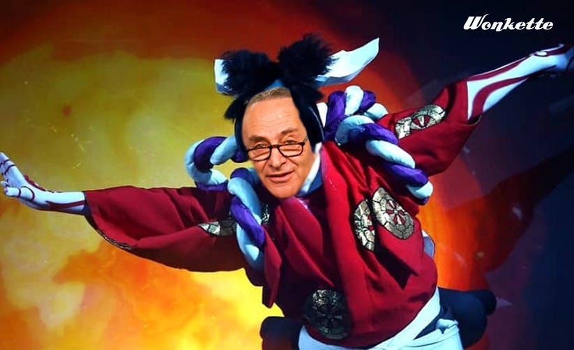 A kabuki performer, his face replaced by that of Senate Majority Leader Chuck Schumer A kabuki performer, his face replaced by that of Senate Majority Leader Chuck Schumer