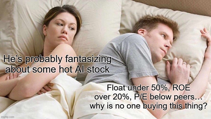 A humorous investing meme showing a couple in bed, with the man thinking about a low-float, high-ROE stock instead of AI, used in a investment thesis deep dive.