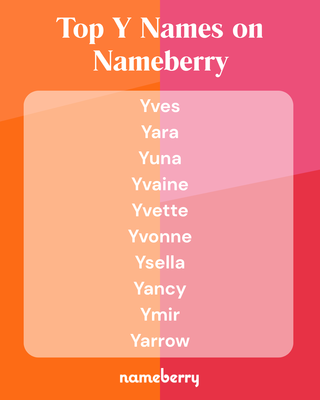 Top Y Names: Yves, Yara, Yuna, Yvaine, Yvette, Yvonne, Ysella, Yancy, Ymir, Yarrow