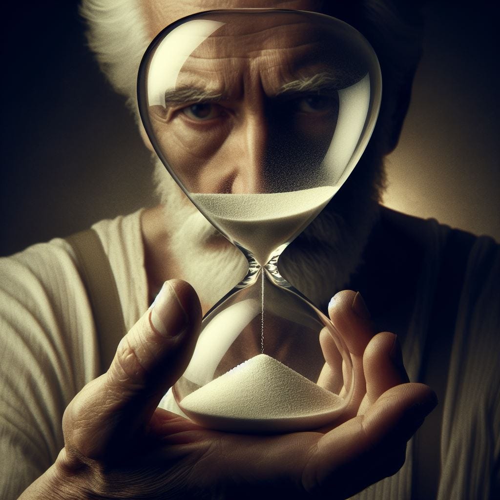 Show an hour glass, almost empty of sand. It is as tall as the elderly but fit white man, and we can see his puzzled face in the curved glass. The light fades quickly behind this scene. The mood is tense. 