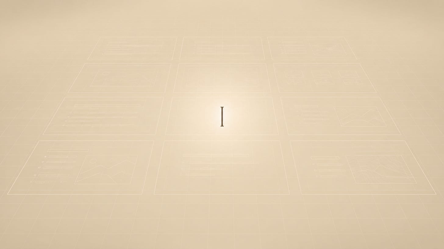 A screenshot of a 3x3 grid of faint wireframe layouts on a beige background, with a glowing center card displaying a text cursor.