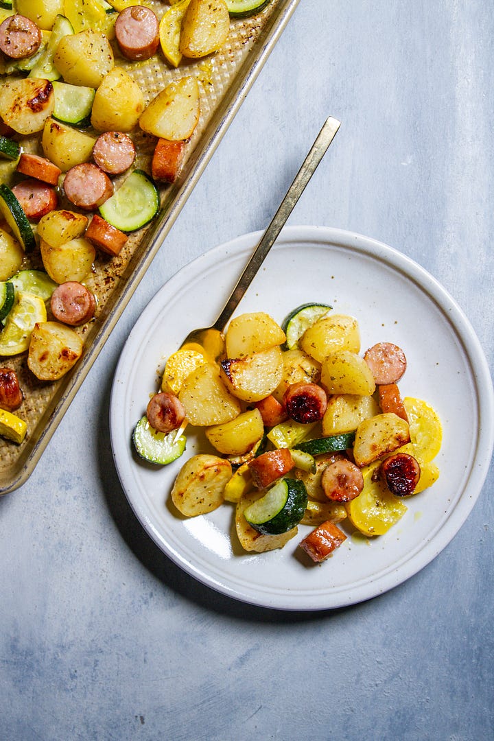 sheet pan Greek potatoes with chicken sausage and zucchini