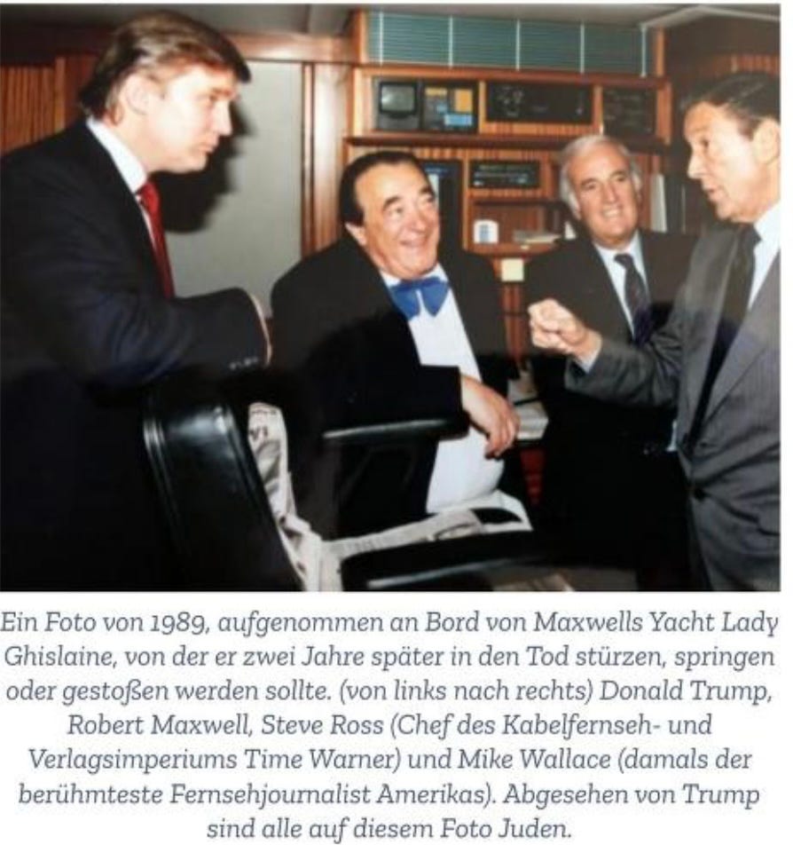 BirdsOfAGodDamnFeather #Mossad 1989 photo: DJT, Robert "Maxwell" (aka Hoch), Steve "Ross," + Mike "Wallace" aboard Maxwell's yacht BirdsOfAGodDamnFeather #Mossad 1989 photo: DJT, Robert "Maxwell" (aka Hoch), Steve "Ross," + Mike "Wallace" aboard Maxwell's yacht