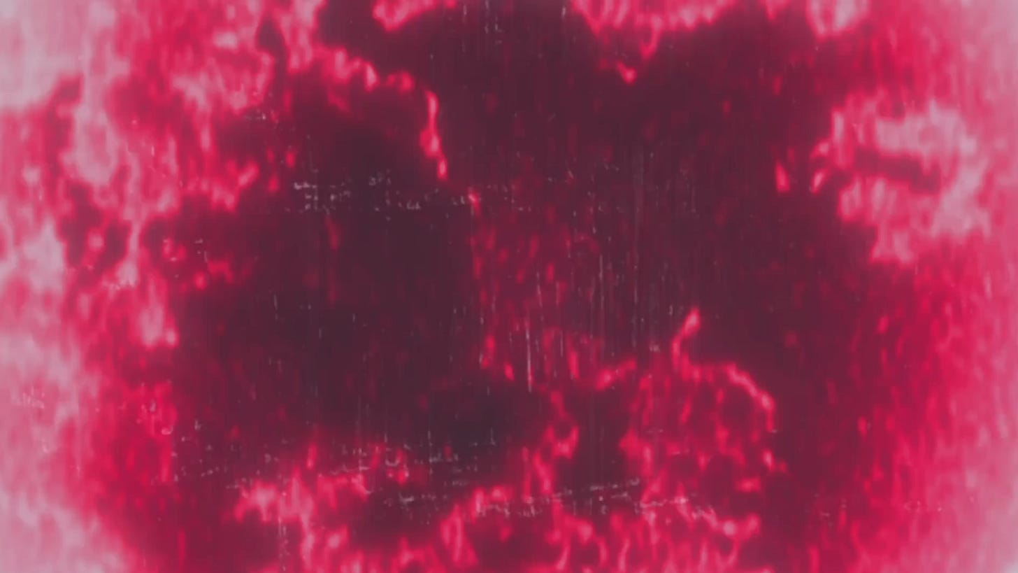 Indistinct red and pinkish shapes feathering out on a white background.