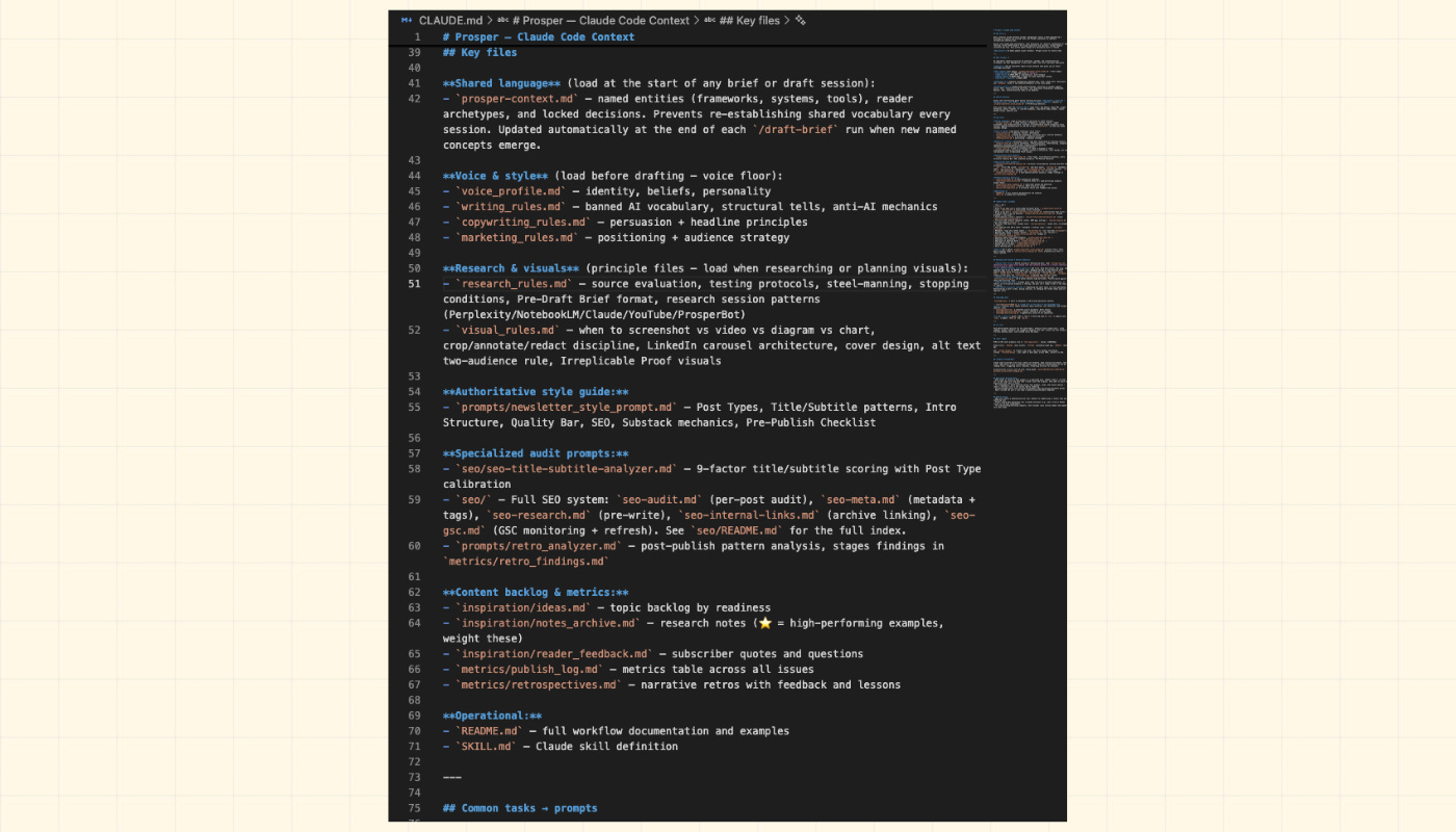 Full 160-line CLAUDE.md file open in an editor, scrolled to the Key Files and Common Tasks sections, spanning multiple screens. Full 160-line CLAUDE.md file open in an editor, scrolled to the Key Files and Common Tasks sections, spanning multiple screens.