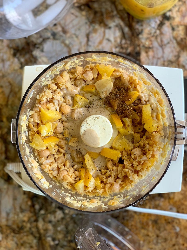 Two pictures showing preserved lemon hummus in the food processor and also plated and ready to serve.