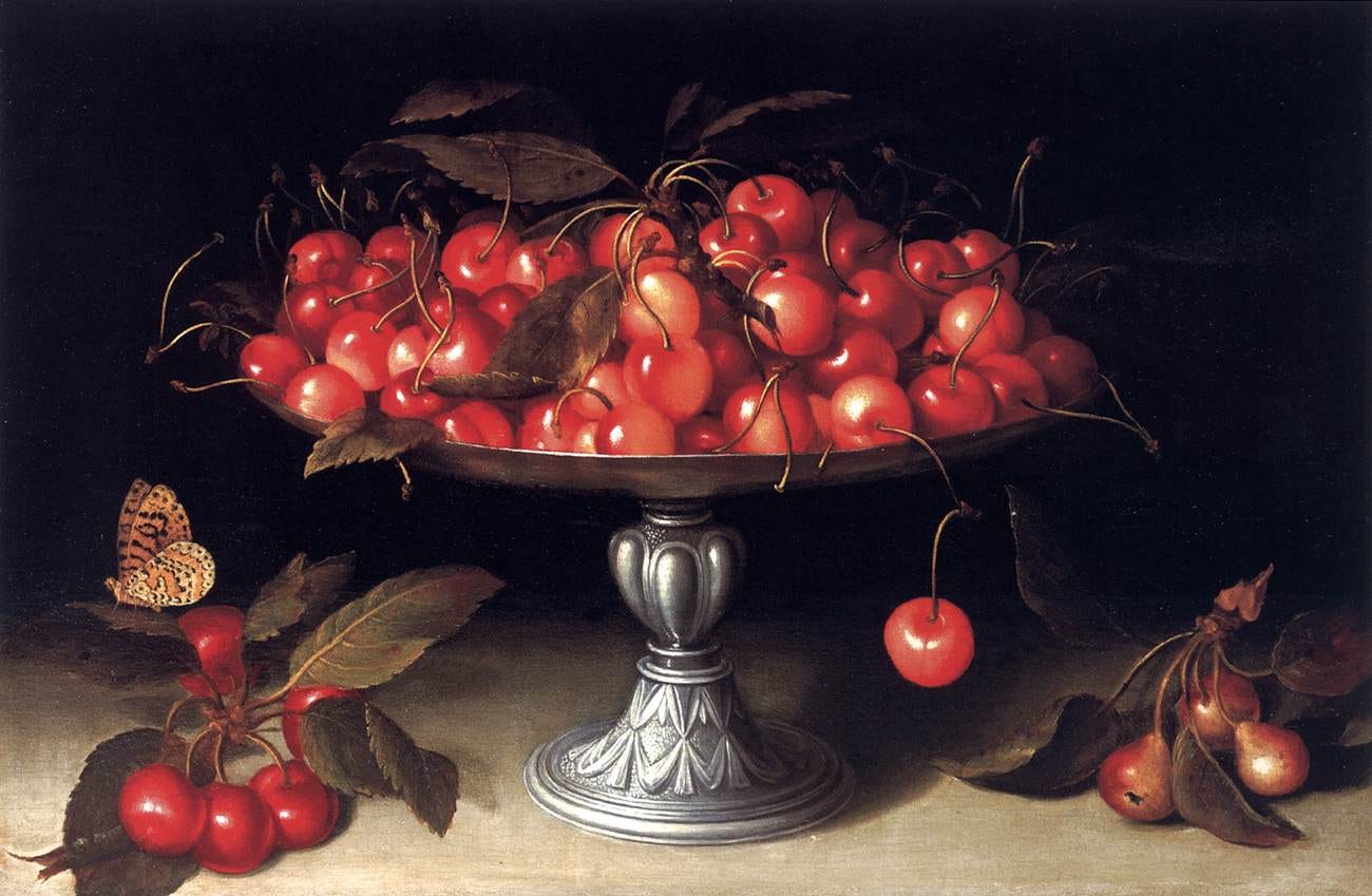 Cherries in a Silver Compote, zoomed in