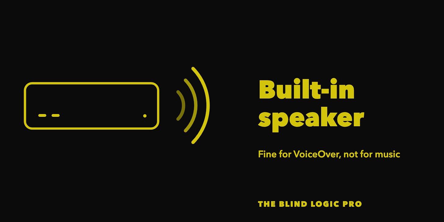 A Mac mini with three curved sound waves coming from it, with the text Built-in speaker, Fine for VoiceOver, not for music. A Mac mini with three curved sound waves coming from it, with the text Built-in speaker, Fine for VoiceOver, not for music.