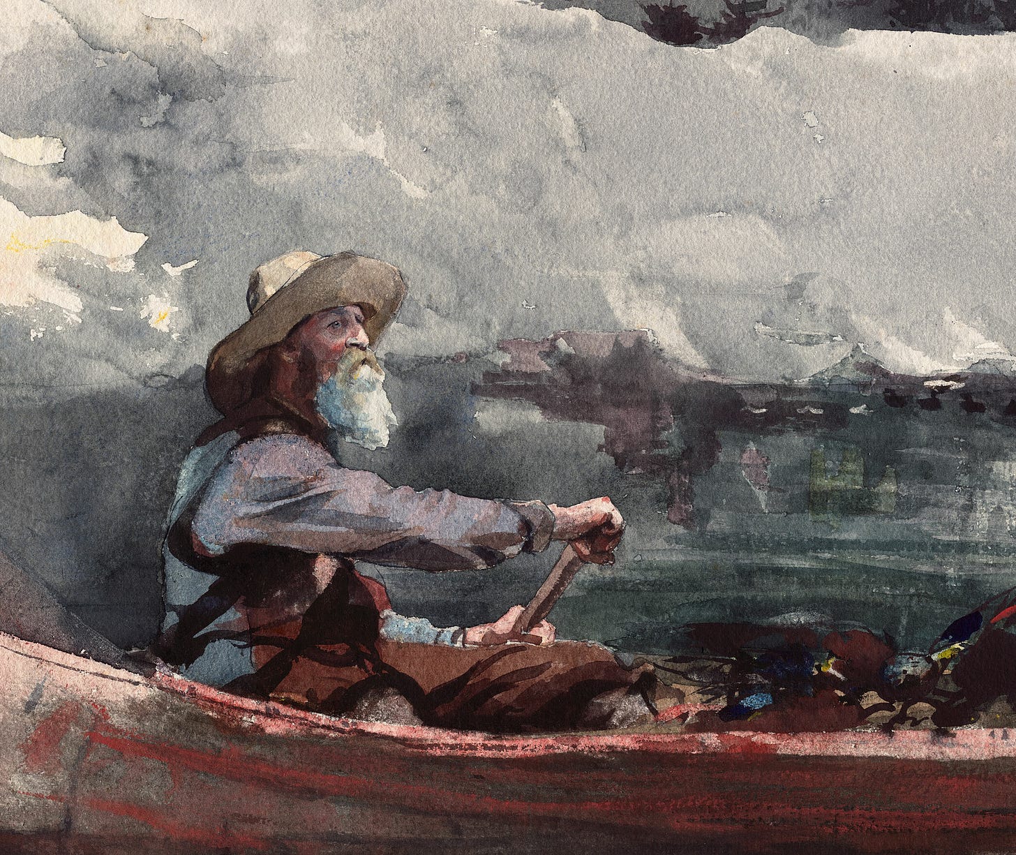 A painting of a man in a canoe.