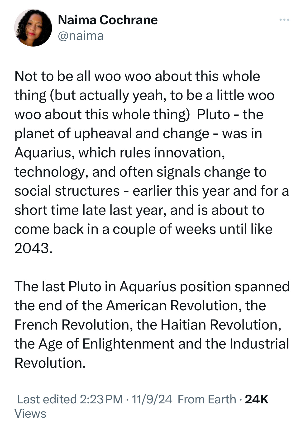 A post from my X account about Pluto entering Aquarius and the world events that happened during the last placement