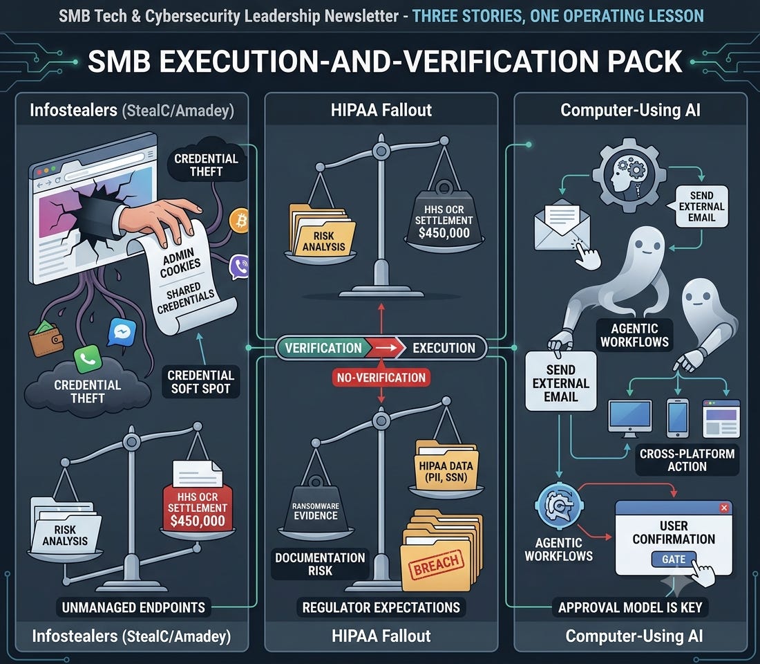 An infographic titled 'SMB Execution-and-Verification Pack' detailing three cybersecurity operational lessons. The left panel shows infostealers extracting admin cookies and shared credentials from unmanaged endpoints. The center panel illustrates HIPAA fallout, weighing risk analysis against a $450,000 OCR settlement and breach documentation risks. The right panel displays computer-using AI executing cross-platform actions, emphasizing the need for an explicit user confirmation gate. An infographic titled 'SMB Execution-and-Verification Pack' detailing three cybersecurity operational lessons. The left panel shows infostealers extracting admin cookies and shared credentials from unmanaged endpoints. The center panel illustrates HIPAA fallout, weighing risk analysis against a $450,000 OCR settlement and breach documentation risks. The right panel displays computer-using AI executing cross-platform actions, emphasizing the need for an explicit user confirmation gate.