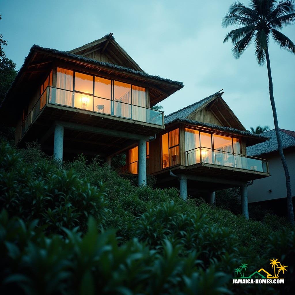 Cinematic film still of budget-friendly bamboo homes with ample glass, built on a Jamaican hillside. Concrete pillars support the structures, nestled between two typical concrete residences. The scene is bathed in atmospheric, cinematic lighting, with a focus on natural light pouring through the glass. Shot on a v-raptor XL with 35mm film, featuring film grain, a subtle vignette, and professional color grading. The overall aesthetic is a masterpiece of stunning, dramatic quality, capturing the essence of modern Caribbean living.