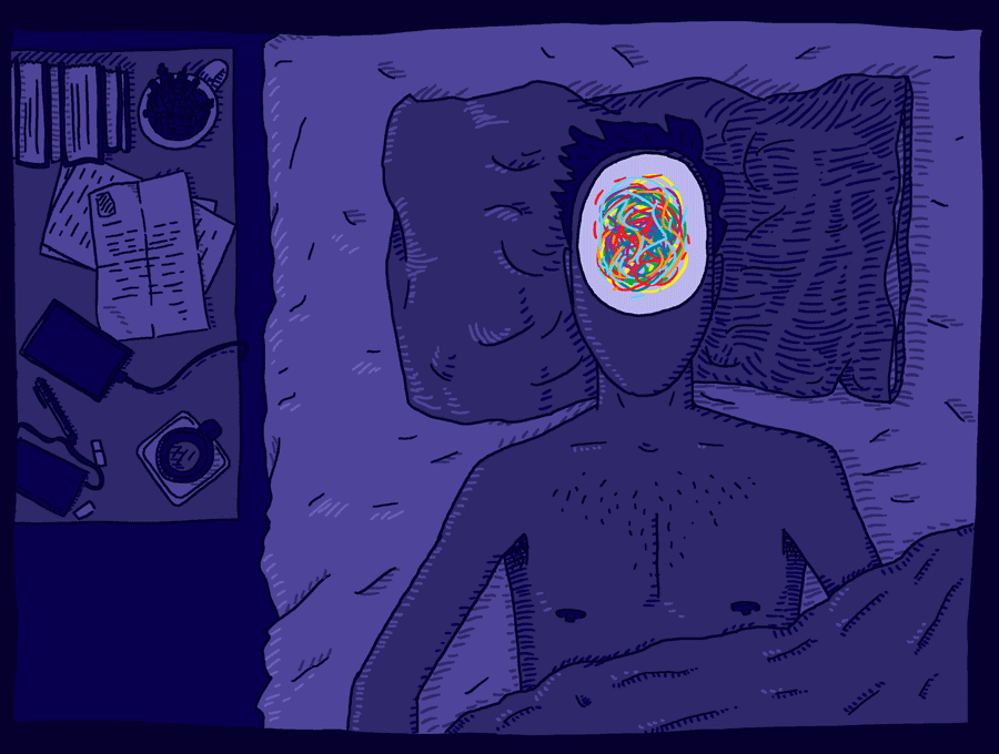 This may contain: a drawing of a person in bed with an object on their head and the image of a man's face This may contain: a drawing of a person in bed with an object on their head and the image of a man's face