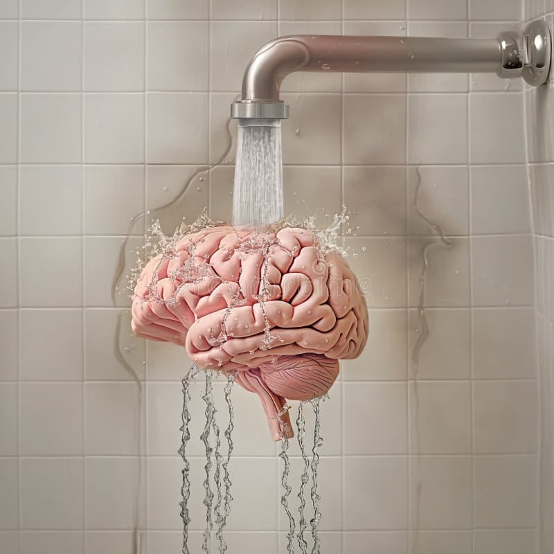 Human Brain Under a Running Water in a Tiled Bathroom, Concept of ... Human Brain Under a Running Water in a Tiled Bathroom, Concept of ...
