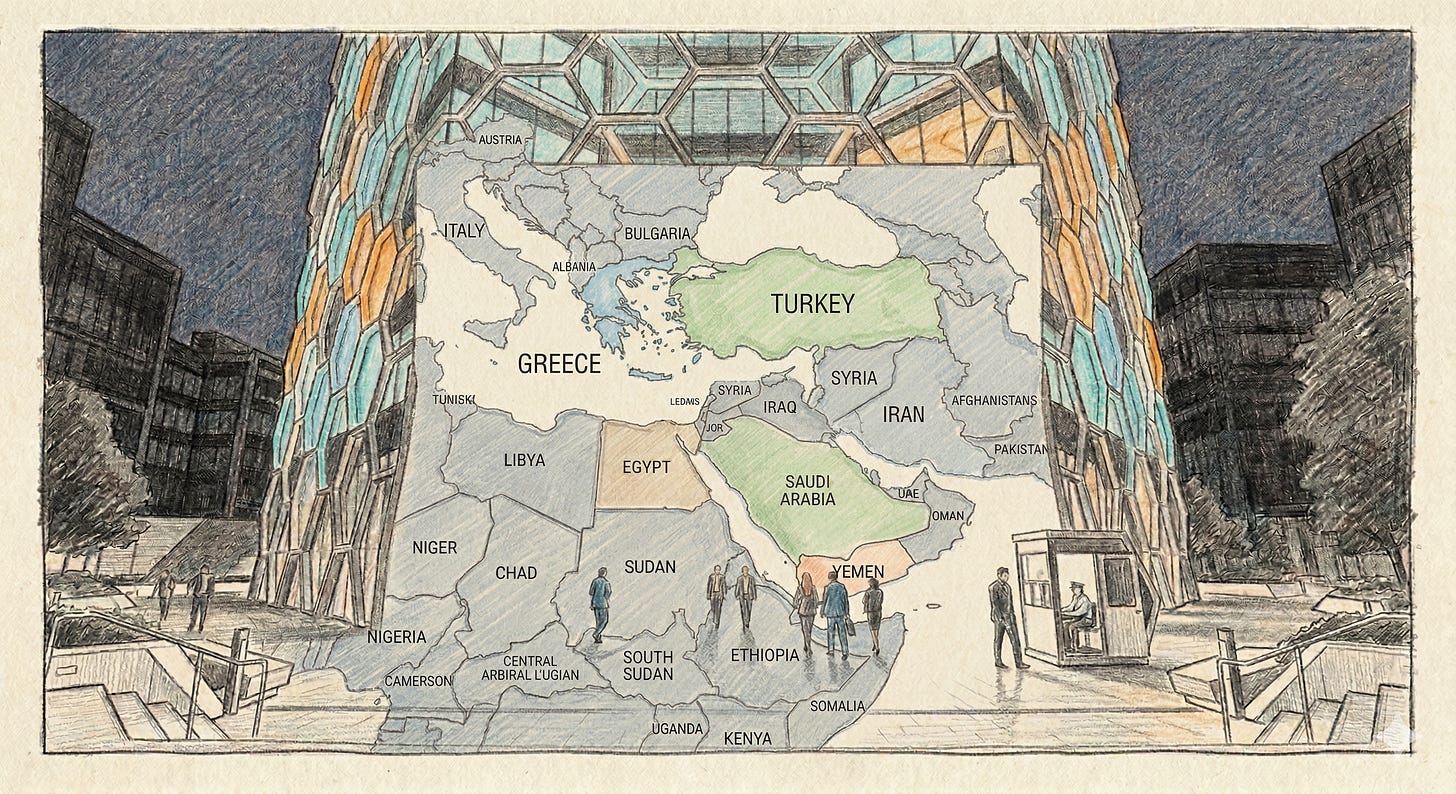 A 2D colored pencil and charcoal-style architectural sketch depicting a modern, glass-fronted building with a distinct hexagonal structural facade. Overlaid on the center of the building is a stylized map focusing on Southern Europe, the Middle East, and North Africa. Greece, Turkey, Saudi Arabia, Yemen, and Egypt are subtly highlighted in muted green, tan, and orange tones. The foreground shows a paved plaza with several silhouetted figures walking and a small security kiosk to the right, all rendered on a textured, off-white paper background.
