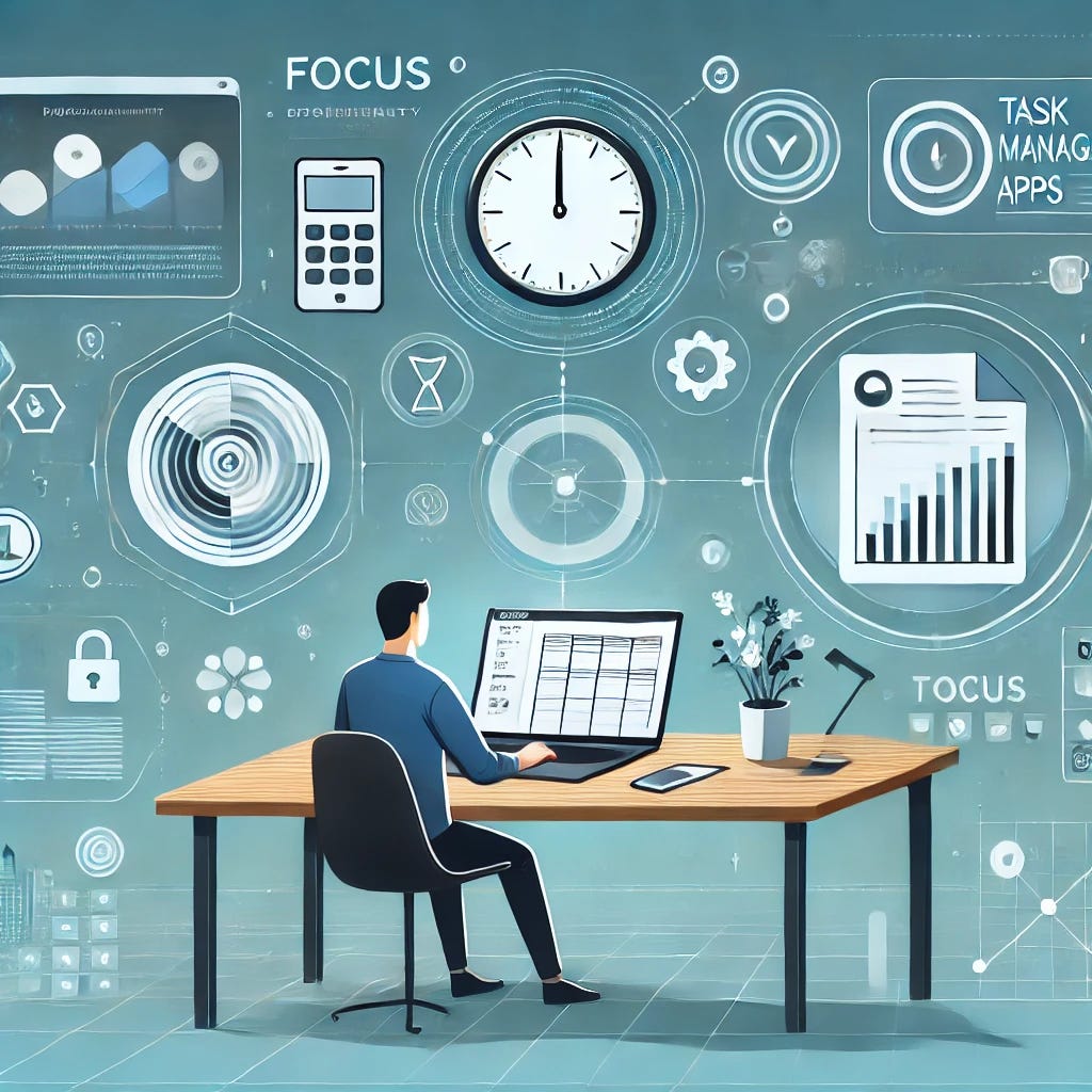 An illustration representing productivity in a tech-driven world, featuring a person at a clean and organized workspace with a laptop, phone, and digital tools like task management apps displayed on the screen. The background includes subtle icons of focus and efficiency, such as a clock and graphs, with a motivational and modern design in tones of blue and green.