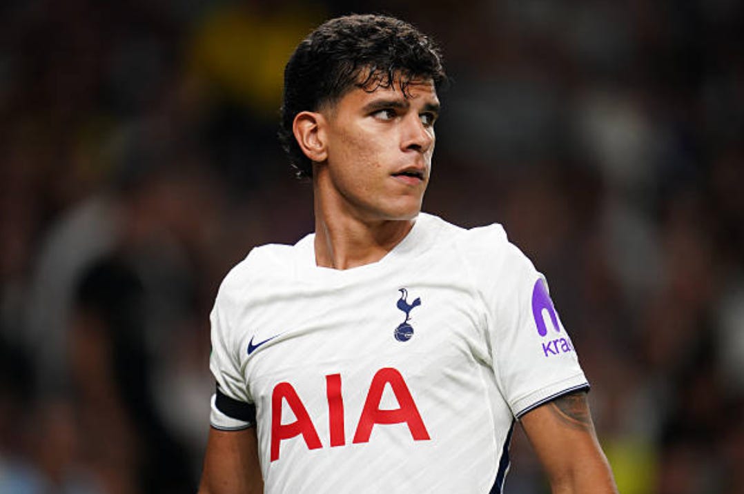 Mateus Fernandes of Tottenham Hotspur during the Carabao Cup round 2 match between Tottenham Hotspur and Charlton Athletic at Tottenham Hotspur Stadium in London, United Kingdom, on August 26, 2026. (Photo by Harvey Murphy/News Images/NurPhoto via Getty Images)