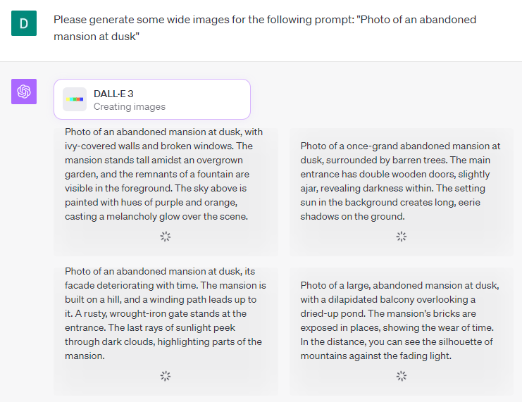 ChatGPT prompting itself to create four different images of mansions