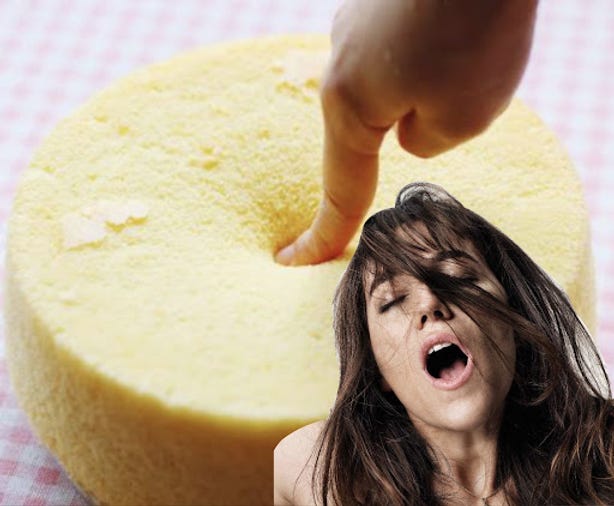 Woman in front of wet cake.