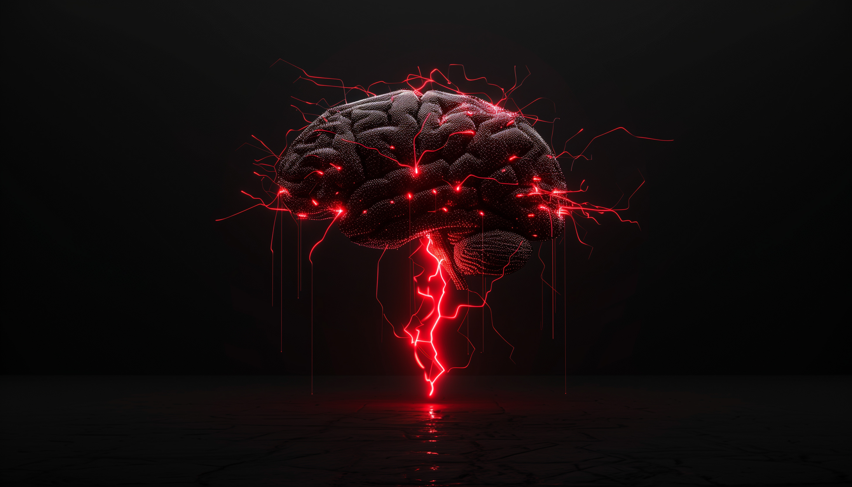 A digital illustration of a human brain, with red neural pathways and electric-like energy emanating from it, set against a dark background.