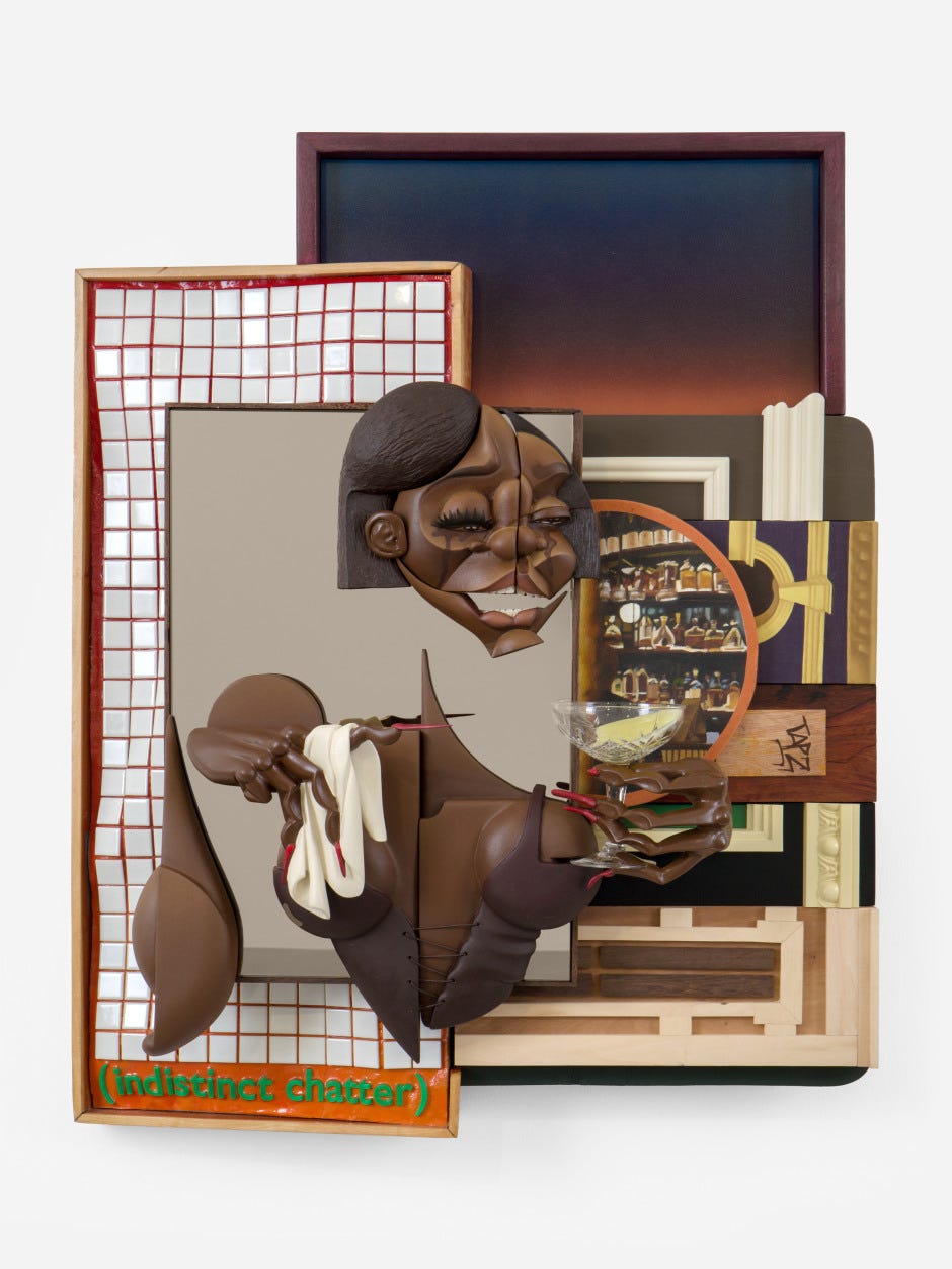 (indistinct chatter), 2025  Jelutong, pine, pink ebony, purpleheart, African mahogany, black wenge, pine ply, resin, epoxy clay, oil, acrylic, aerosol paint, ceramic tiles, mirror, foam cornice, canvas, glass, leather string  90 x 73 x 27 cm / 35 ⅜ x 28 ¾ x 10 ⅝ in.  © Dada Khanyisa. Courtesy the Artist and Sadie Coles HQ, London.  Photo: Katie Morrison