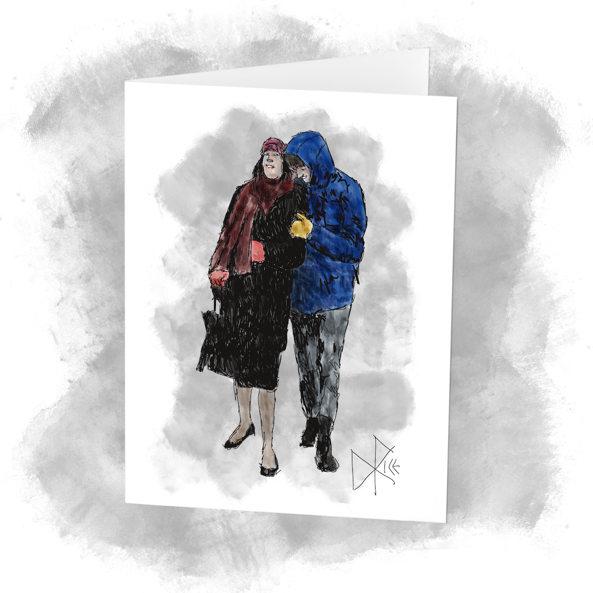 Two young folks walking on an icy sidewalk, both laughing as the woman continues to slip in her flat black dress shoes and the man holds her upright with a firm grasp on her arm. Sketch art by Don Rice.