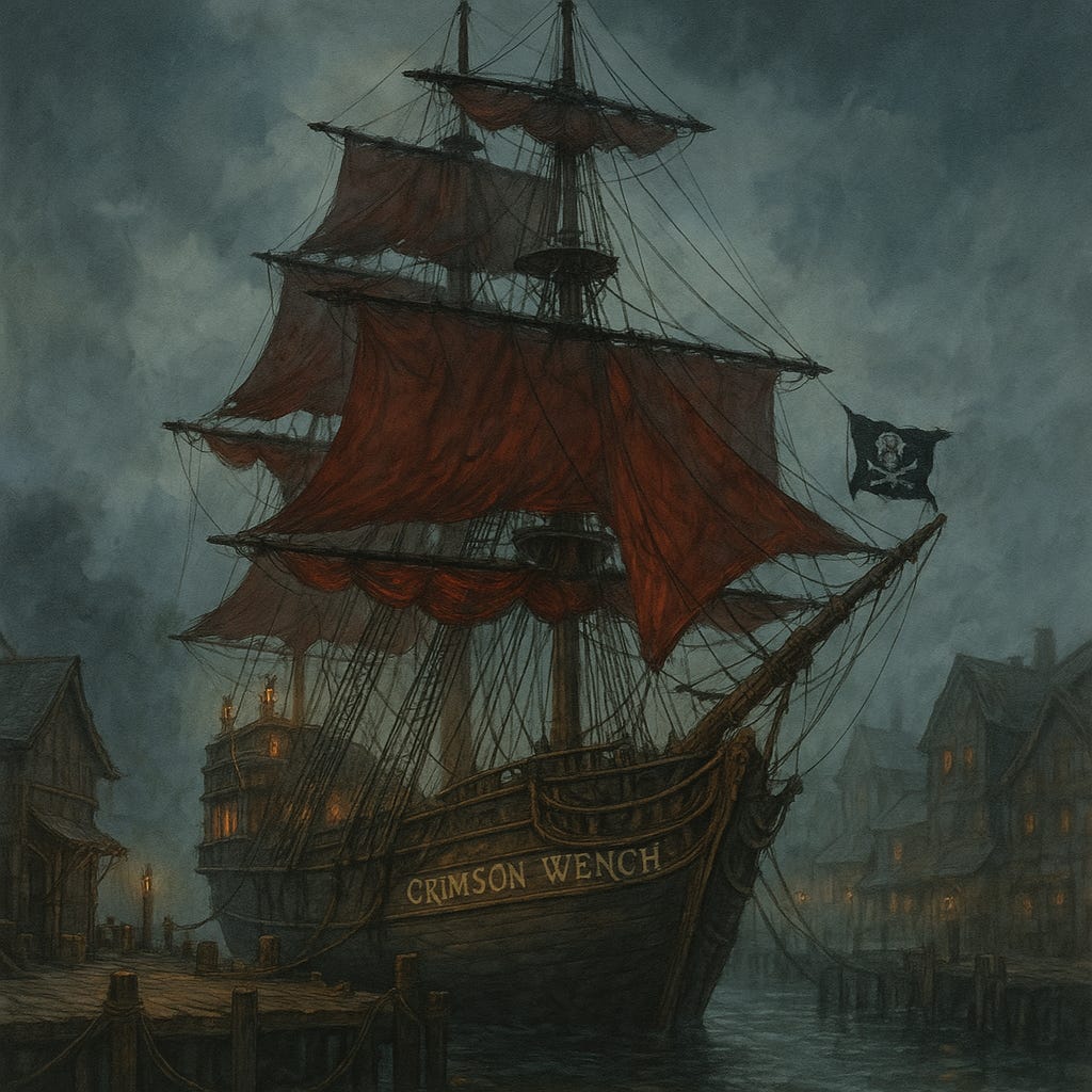 a pirate ship called the Crimson Wench at the docks of Fogor Isle a pirate ship called the Crimson Wench at the docks of Fogor Isle