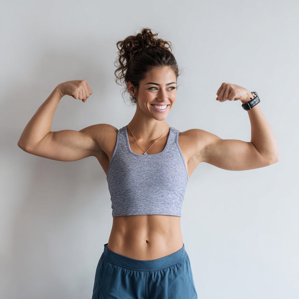 Fit, healthy, strong woman in gym gear, smiling and flexing her biceps against a flat white wall. 